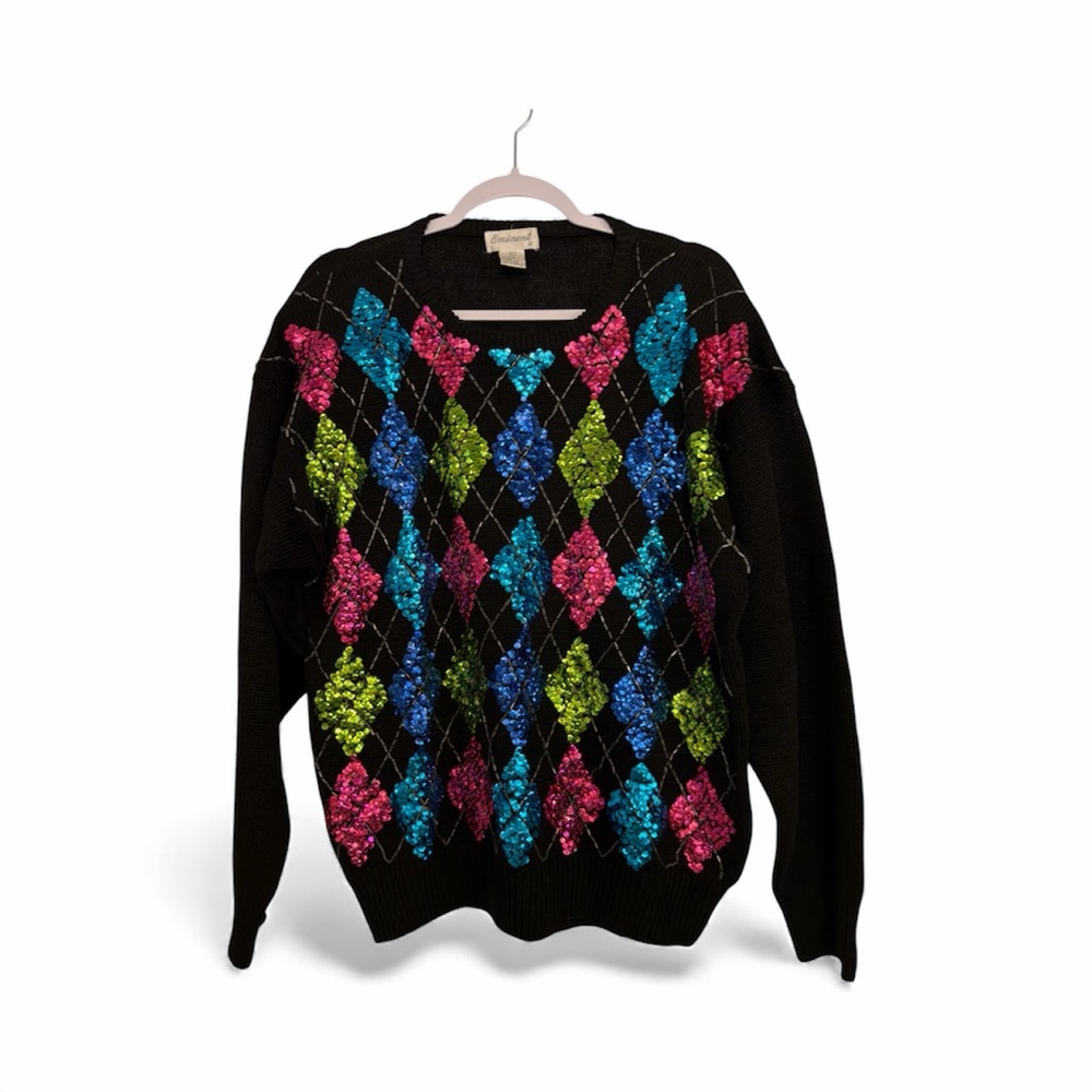 Vintage 80s/90s Sequin Argyle Sweater Maximalist Retro Neon Rave - Picture 3 of 6